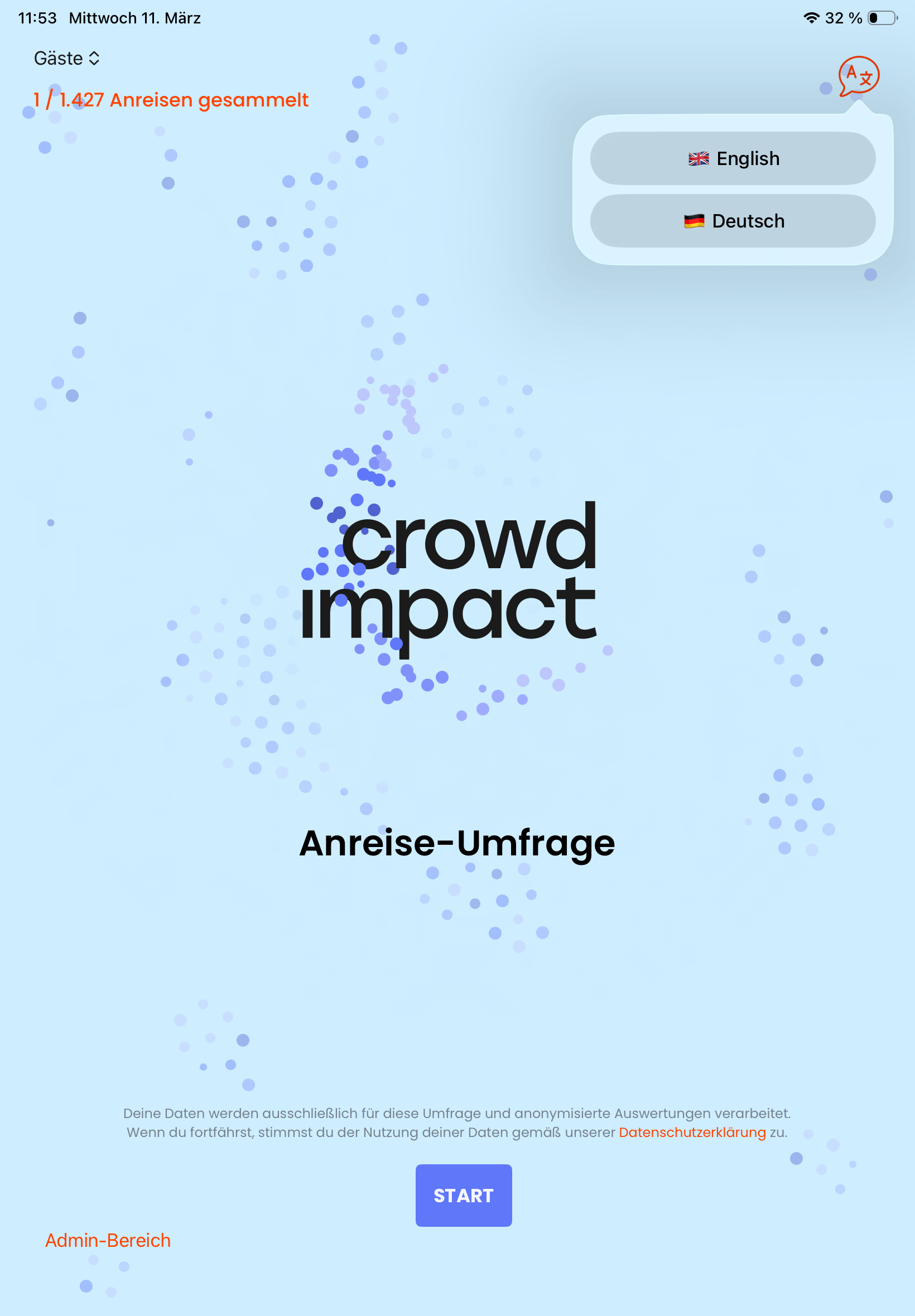 Der erste Software-Screen der Mobilitäts-Befragung bei Events, Veranstaltungen oder Kulturbetrieben.