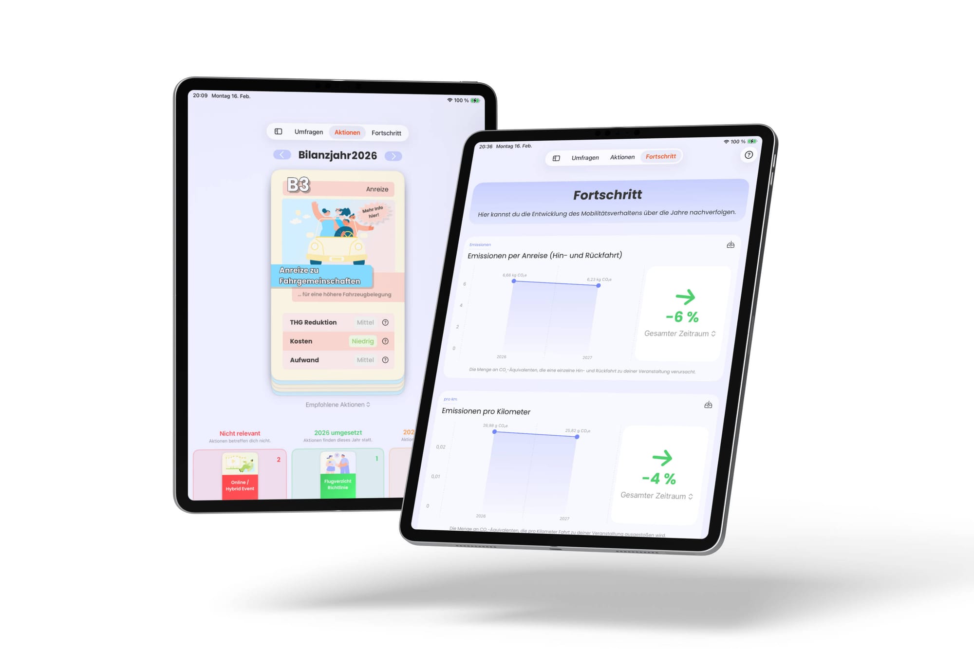 Screenshots der Crowd Impact Software zeigen, wie man Maßnahmen zur Emissionsreduktion im Bereich Gästemobilität ergreift und deren Auswirkungen in Folgejahren überprüft.