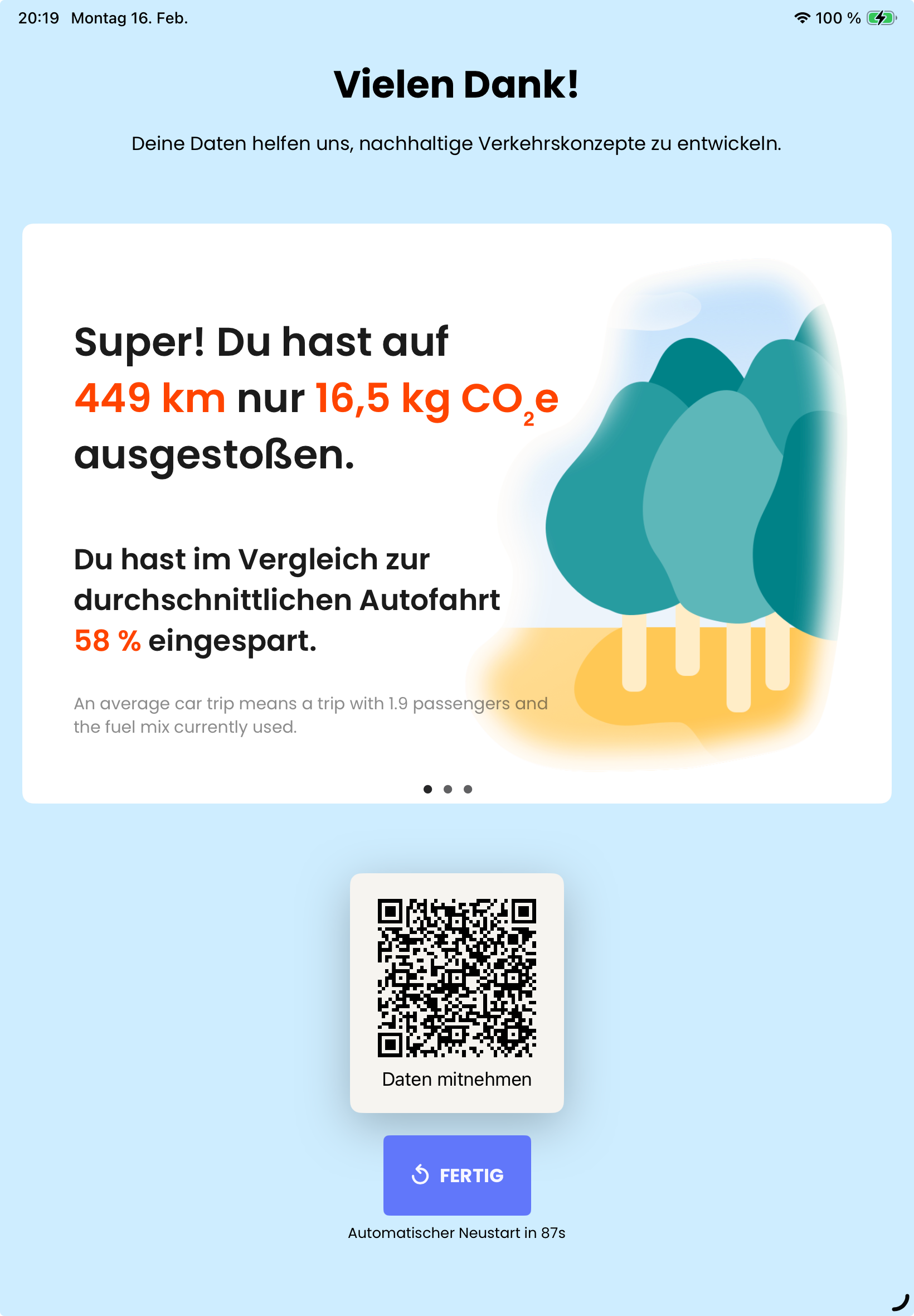 Besucher können eine Zusammenfassung ihrer Anreise inklusive Klimawirkung ansehen.