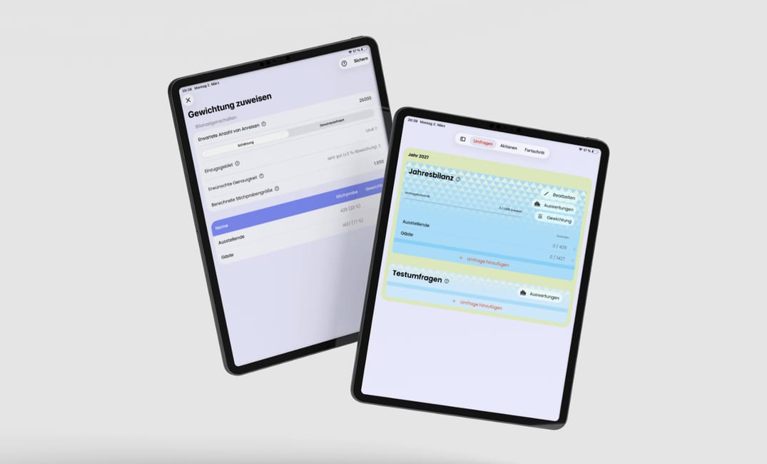 Das Mockup zeigt die zwei Umfragegruppen und die Gewichtungs Seite, mit der verschiedene Personengruppen zu ihrer Anreise befragt werden können.